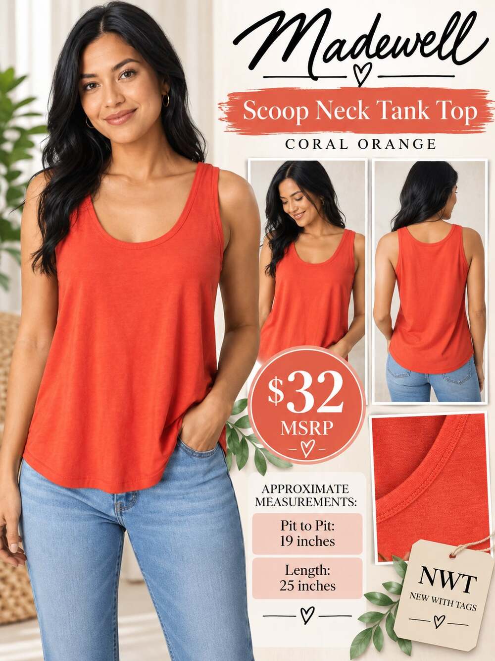 Madewell $32 Coral Orange Scoop Neck Sleeveless Tank Top Size Medium NWT